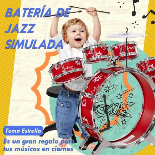 Batería para Niños de +3 Años con Tambores Bombo Platillo Pedal y Baquetas Diseño con Tema de Estrellas 65x22x57 cm Rojo [3]