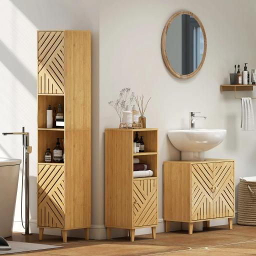 Mueble bajo Lavabo de Bambú con 2 Puertas Lamas y Estante Ajustable para Lavabo sin Pedestal 60x30x60 cm Natural [7]