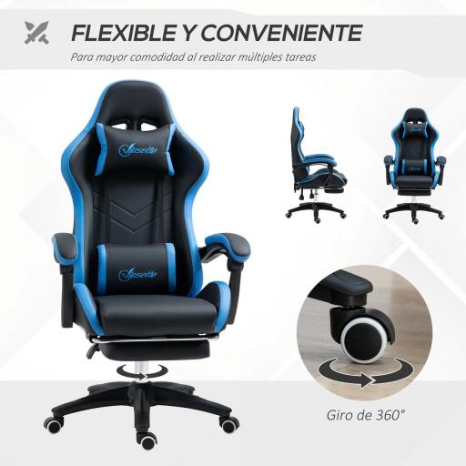 Silla Gaming Silla Gamer de Cuero PU Reclinable 135° Reposacabezas y Reposapiés 65x65x121-129 cm Negro y Azul [3]
