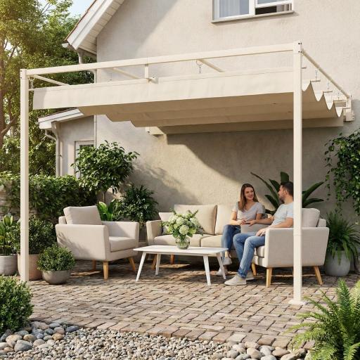Pérgola de Pared de Jardín 3x3 m con Techo Retráctil Protección UPF30+ Drenaje Cenador de Jardín para Exterior Beige [3]