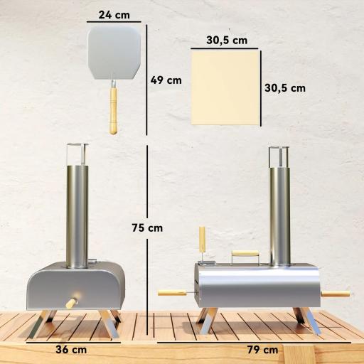 Horno de Leña para Pizza con Piedra Refractaria Pala y Patas Plegables para Camping y Exterior 79x36x75 cm Plata [1]