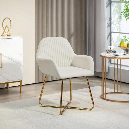 Sillón de Salón Tapizado en Terciopelo con Asiento Acolchado Base Metálica Cruzada Crema