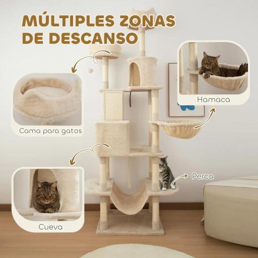 Árbol Rascador para Gatos Grande Altura 206 cm con Múltiples Niveles Cuevas Bolas Colgantes y Hamacas Beige [3]