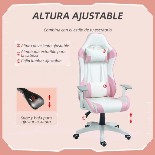 Silla Gamer con Cojín Lumbar Reposabrazos Ajustable Reposacabezas Extraíble y Altura Ajustable 67x60x120-128 cm Rosa [3]