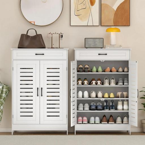 Armario para Zapatos con Puertas de Rejilla Cajón y Estantes Ajustables para 20 Pares de Zapatos 78x37x115,8 cm Blanco [5]
