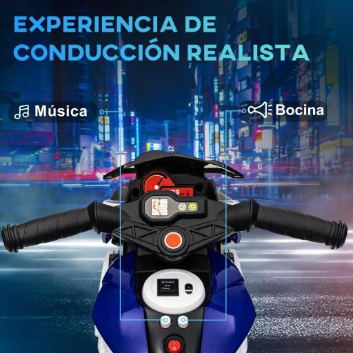 Moto Eléctrica Infantil con 3 Ruedas con Batería 6V Recargable Funciones de Música Bocina Faros 86x42x52 cm Negro y Azul [2]
