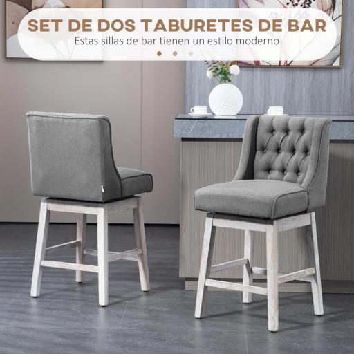 Juego de 2 Taburetes de Bar con Respaldo Taburetes Altos de Cocina Giratorios 180° Patas de Madera 46x57x101 cm Gris [4]