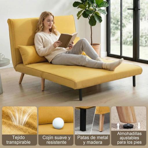 Sofá Cama de 2 Plazas Plegable Sofá Cama Tapizado en Lino con Respaldo Ajustable 5 Posiciones 2 Almohadas Amarillo [5]