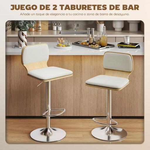 Juego de 2 Taburetes Altos de Cocina Giratorios en 360° Regulables en Altura de 81-102 cm Tapizados en Lino Beige [2]