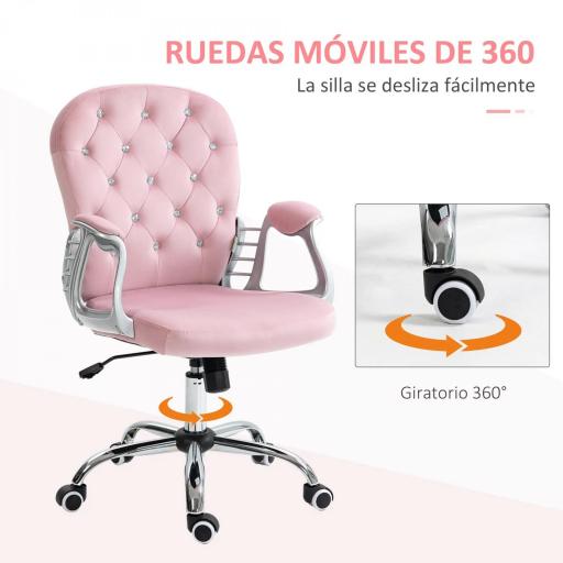 Silla de Escritorio de Terciopelo con Altura Ajustable Reposabrazos y Decoraciones de Diamantes 59,5x60,5x93-103 cm Rosa [4]
