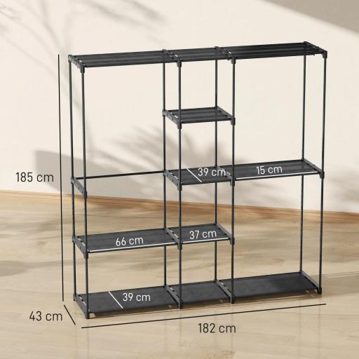 Armario de Ropa 182x43x185 cm Armario Abierto con 8 Estantes de Tela Barras para Colgar Marco de Metal Negro [1]