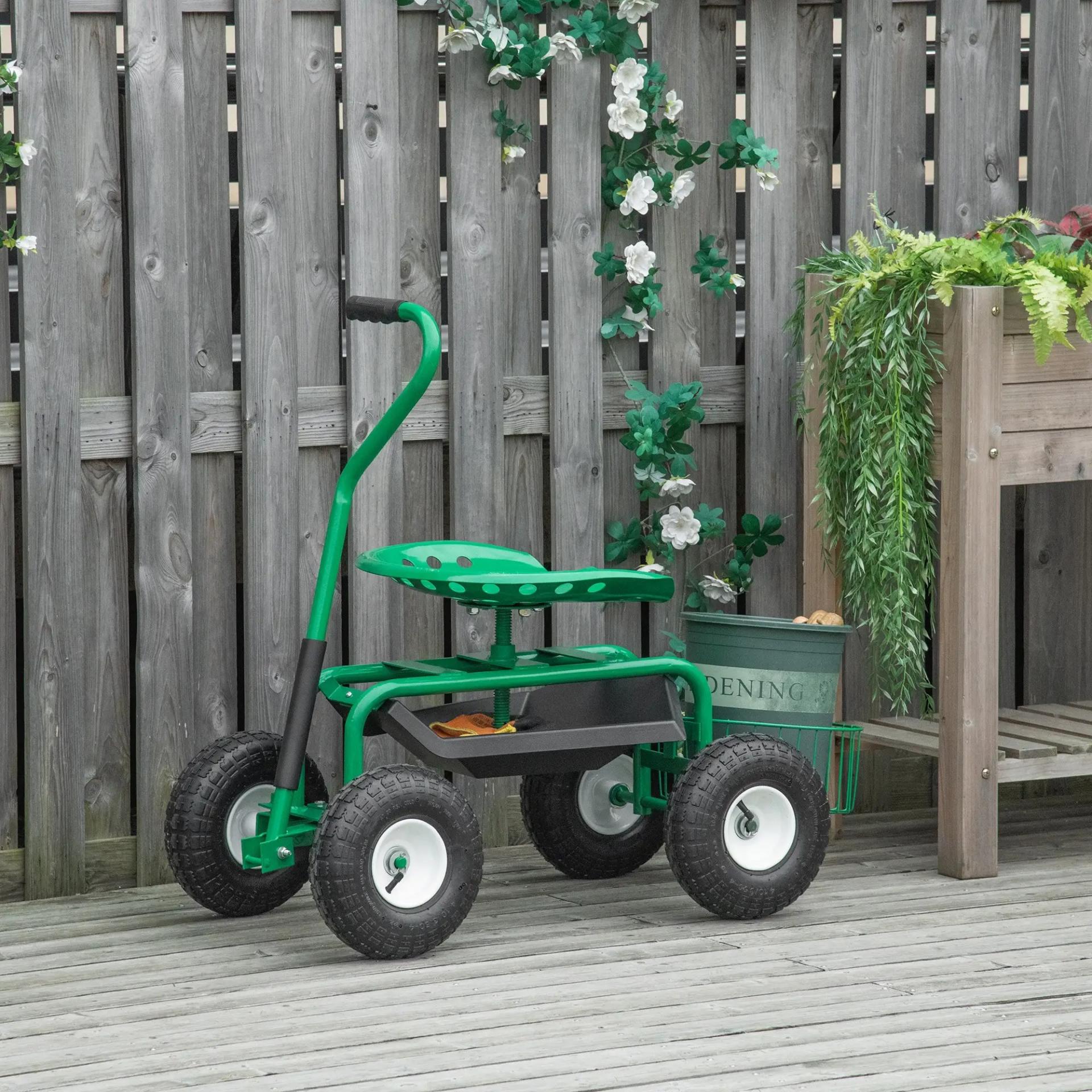 Asiento de Jardín con Ruedas Asiento Giratorio y Ajustable en Altura Bandeja de Herramientas Cesta para Exterior Verde