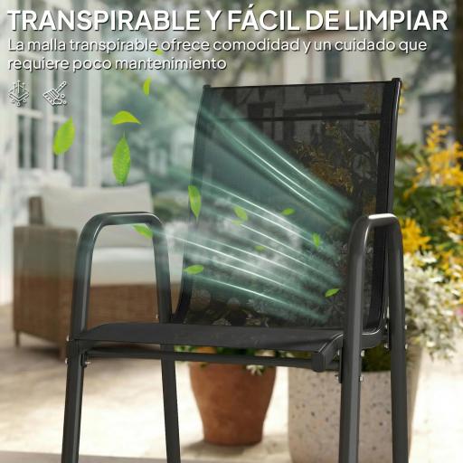 Juego de 6 Sillas de Jardín Exterior Apilables con Reposabrazos Asiento y Respaldo de Malla Estructura de Metal Negro [3]