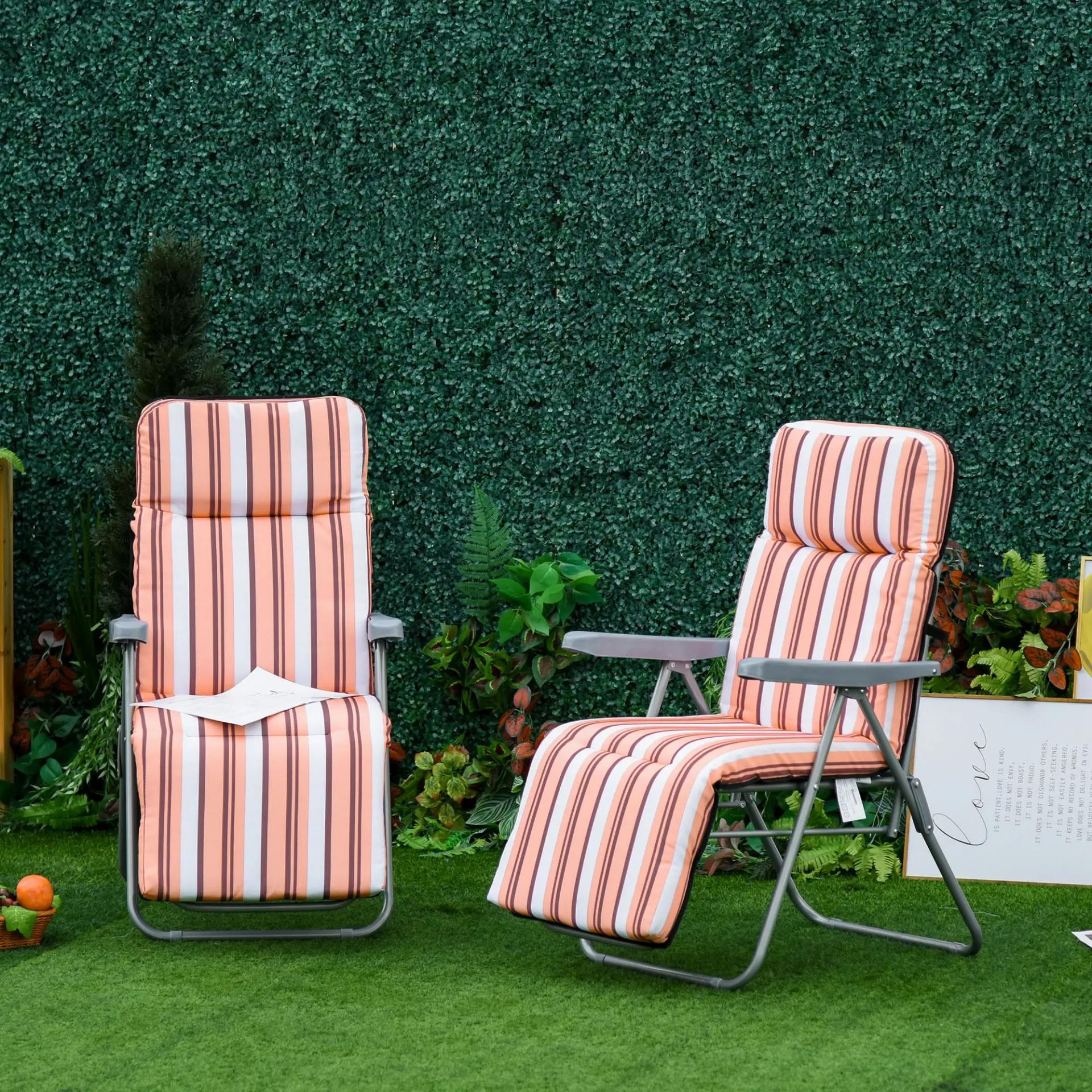 2 Tumbonas de Jardín de Acero con Cojín Acolchado Respaldo Ajustable y Reposapiés 60x75x65-102 cm Rayas Naranja