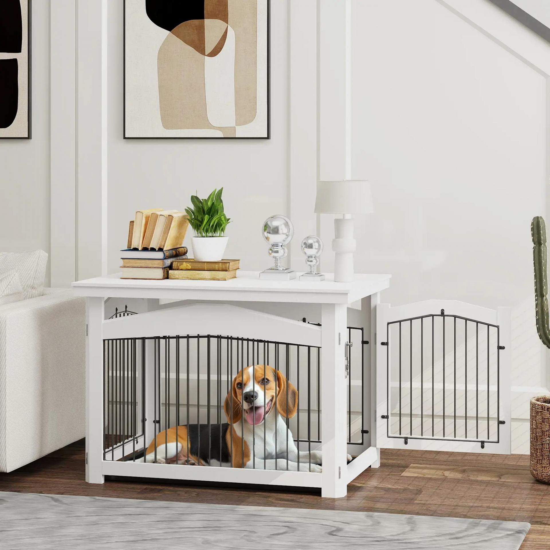 Jaula para Perros Medianos 3 en 1 con Puerta Tapa Superior Desmontable y Bandeja Extraíble 82,5x57,5x59,5 cm Blanco