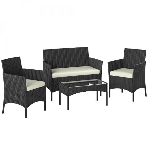 Conjunto Muebles Jardín de Ratán Sintético con Sofá Sillones y Mesa de Vidrio Templado y Cojines Negro y Crema [9]