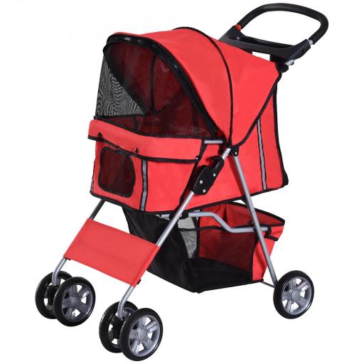 Carrito para Perros Pequeños con Toldo Ajustable Cesta de Almacenaje Portavasos y 2 Ruedas Universales 75x45x97 cm Rojo [9]
