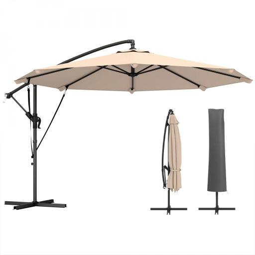 Parasol Excéntrico Ø300 cm con Base Cruzada Manivela Funda Protectora y Cuerdas de Viento UPF30+ Caqui [9]