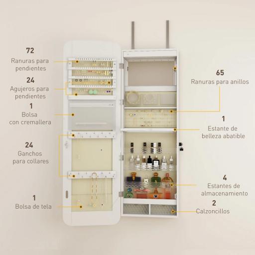 Espejo Joyero con Luz LED Montado en la Pared o en la Puerta con Cerradura Espejo Entero 2 Cajones Blanco [6]