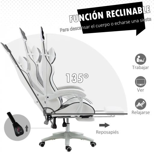 Silla Gaming Profesional de Cuero PU con Altura Ajustable Inclinable 135° Reposacabezas 65x63x136-142 cm Negro y Blanco [4]
