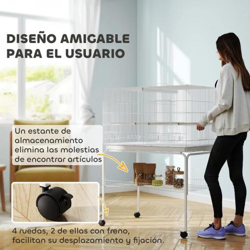 Jaula para Pájaros con Divisor Comederos Bandeja Extraíble y Soporte para Canarios y Periquitos 94x57x57/128 cm Blanco [5]