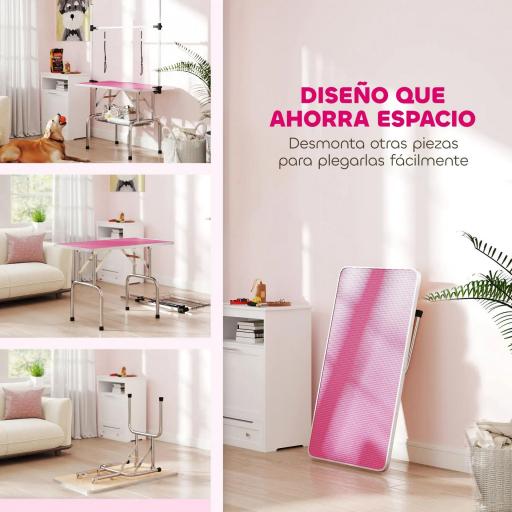 Mesa de Peluquería Canina Plegable con Cesta Metálica Barra de Acero Inoxidable Ajustable 107x60x164 cm Rosa [6]