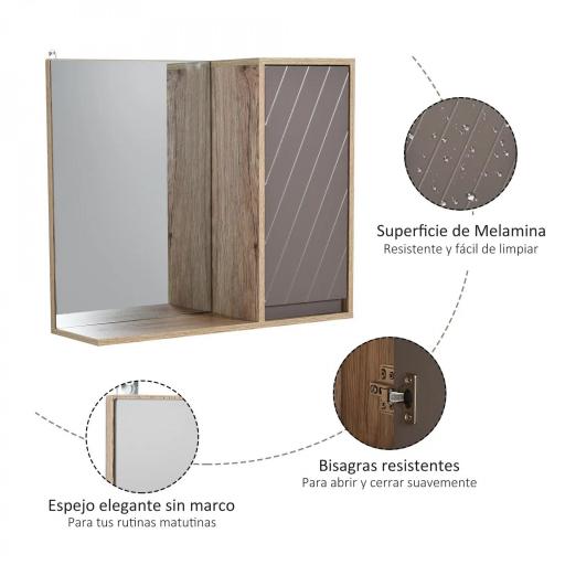 Armario de Baño con Espejo Mueble Auxiliar Montado en Pared con 1 Puerta y Estante Ajustable Estilo Moderno 57x14,2x49,2 cm Roble y Gris [5]