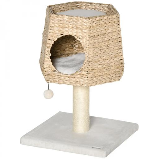 Árbol Rascador para Gatos Pequeño Altura 66 cm Torre Escalador de Gato con Cueva de Juncos Cama Superior Cojines Poste Rascador de Sisal y Bola Colgante Crema y Natural [4]
