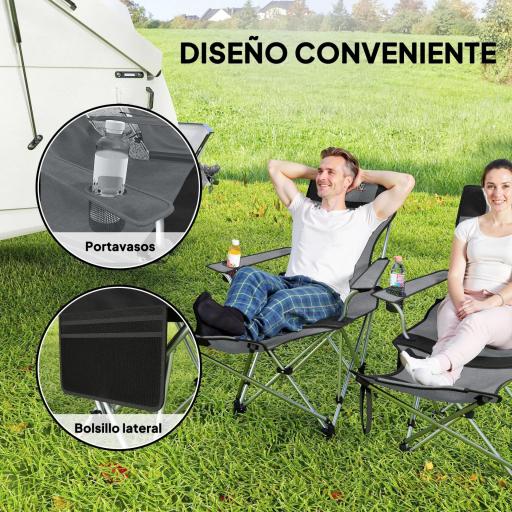 Conjunto de 2 Sillas Plegables Camping con Reposapiés Desmontable Reposacabezas Portavasos y Bolsa 125x48x90 cm Gris [4]