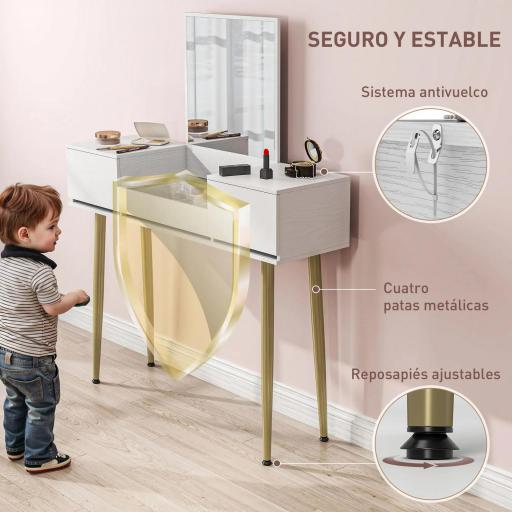 Tocador Elegante con Espejo Cuadrado y Cajones Organizadores 105,5x30x130,5 cm Blanco y Dorado [7]