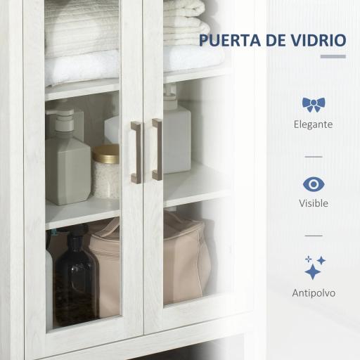 Columna de Baño con 2 Puertas de Vidrio y 3 Estantes Mueble Auxiliar de Estilo Moderno 53x30x162 cm Blanco [3]