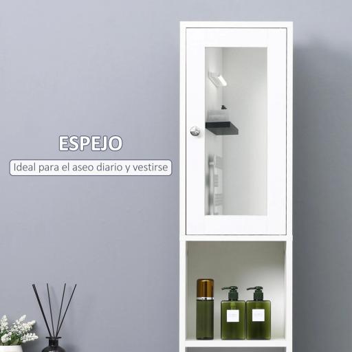 Armario Alto para Baño con Espejo Mueble Columna de Baño Madera con 2 Estantes Abiertos 2 Puertas y Baldas Interiores Ajustables 30x28x180 cm Blanco [6]