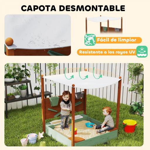 Arenero para Niños de Madera con Techo Arenero Infantil con 2 Asientos 2 Cajas Grifo Embudo 116x112,5x128 cm Verde [3]