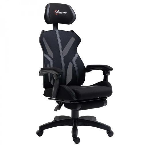 Silla Gaming con Reposapiés Retráctil Silla de Oficina Giratoria Reclinable con Reposacabezas y Altura Ajustable 65x65x119-129 cm Negro [8]