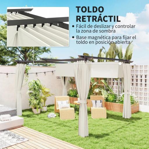Pérgola con Techo Retráctil 4x3 m Cenador con Paredes Laterales Anti-UV Resistente al Agua para Jardín Patio Crema [7]