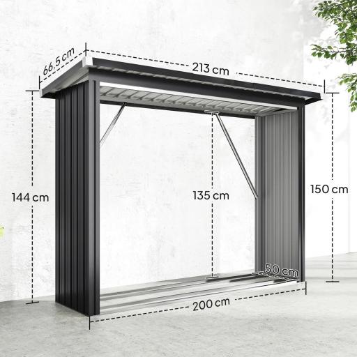 Casetilla para Leña de Acero Galvanizado con Base Elevada y Techo Inclinado 213x66,5x150 cm Gris Oscuro [1]
