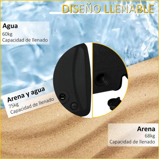 Base de Sombrilla con 2 Ruedas Rellenable de Agua 60 kg Arena 68 kg o Mixto 75 kg 80x60x17 cm Negro [5]