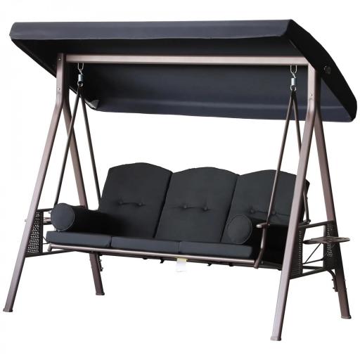 Columpio de Jardín Exteriorde 3 Plazas con Toldo Ajustable Bandejas Laterales y 2 Almohadas 208x121x172 cm Negro [8]