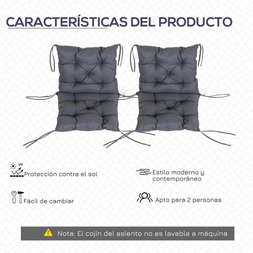 Conjunto de 2 Cojines para Silla 50x98x8 cm con Respaldo 6 Cordones de Fijación para Jardín Terraza Balcón Gris Oscuro [4]