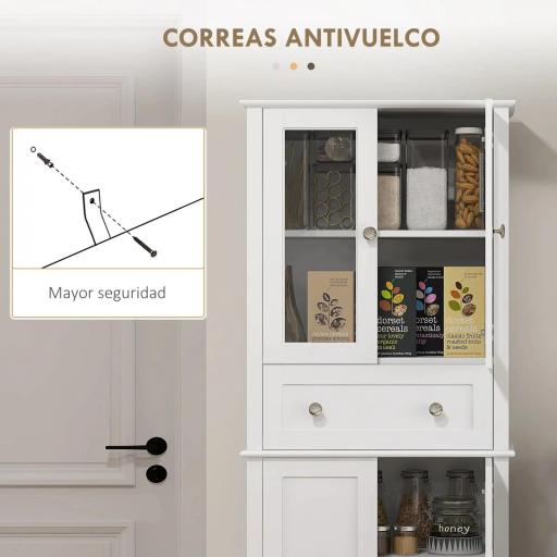 Alacena de Cocina Despensa Armario de Cocina con 2 Puertas de Vidrio Templado Cajón 61x35x168,5 cm Blanco [5]