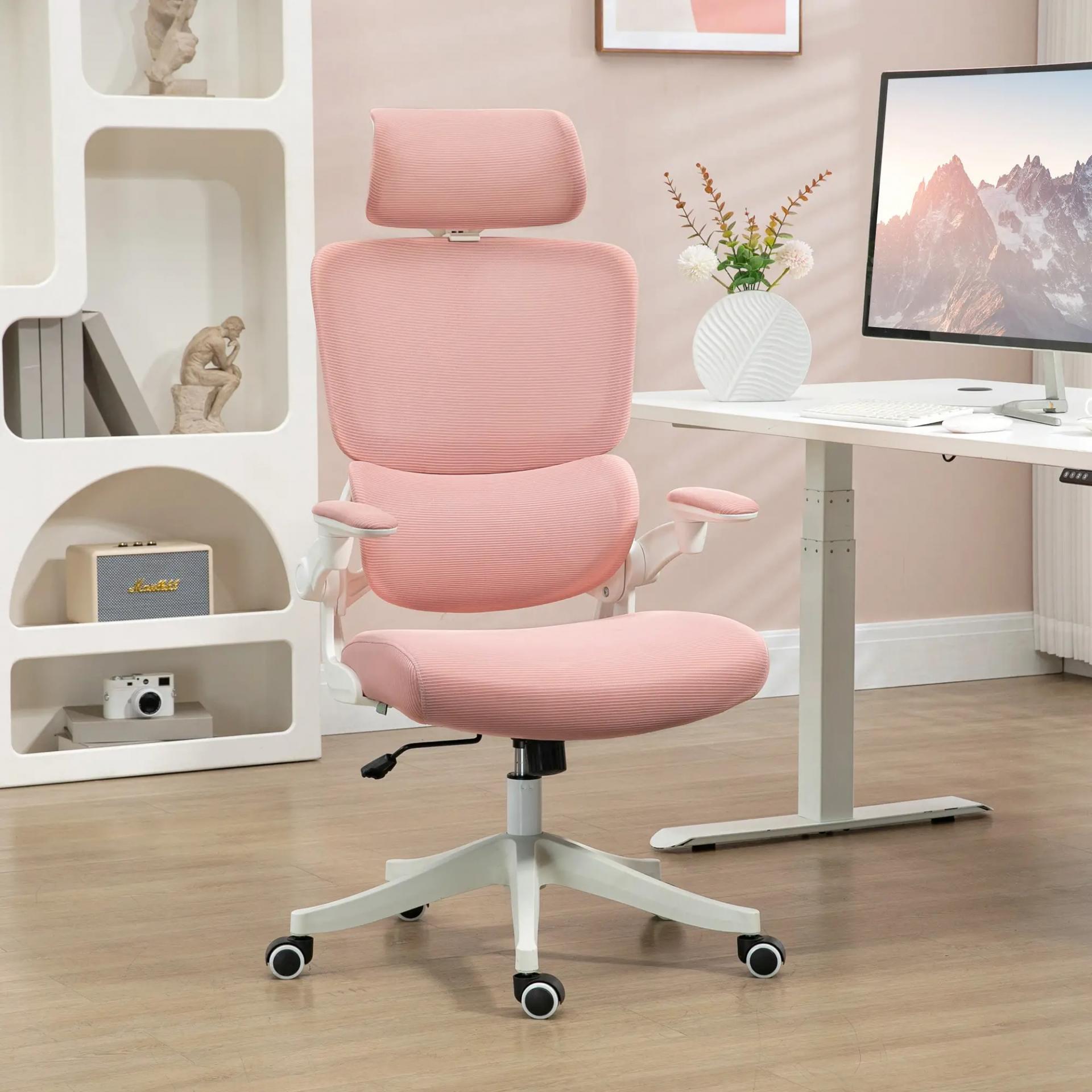 Silla de Malla Giratoria Silla de Escritorio Basculante con Respaldo Alto Reposacabezas Reposabrazos 62x58x133 cm Rosa