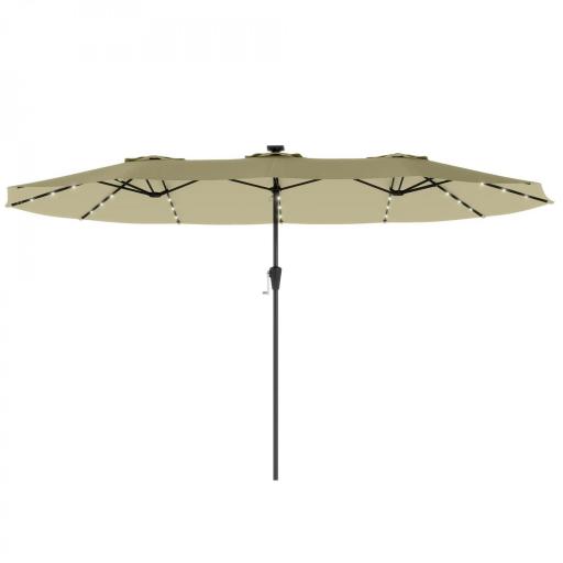 Sombrilla Doble de Jardín 4x2 m con 36 Luces LED UPF50+ Manivela 12 Varillas Resistente al Agua Beige [8]