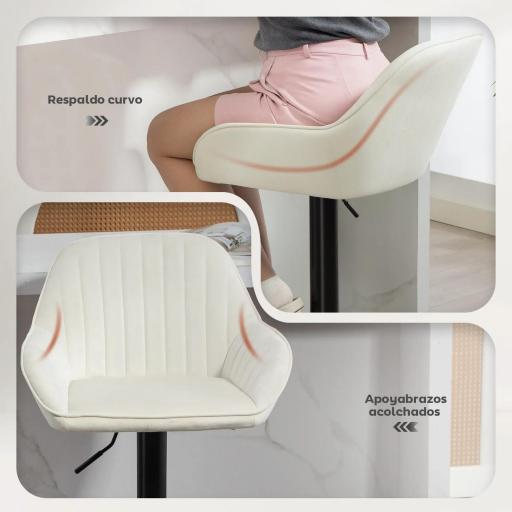 Juego de 2 Taburetes de Bar Giratorios Altura Ajustable 62-83 cm Tapizada en Terciopelo Respaldo y Reposapiés Crema [4]
