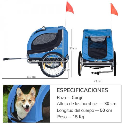 Remolque Bicicleta Perros Mascota 1 Bandera 8 Reflectores Remolque Bici 130x73x90 cm Azul Negro [7]