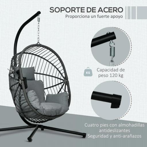 Silla Colgante Huevo con Soporte con Cesta Plegable Cojín y Reposacabezas para Interior y Exterior Carga 120 kg Gris [3]