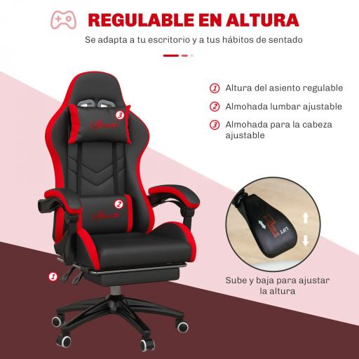 Silla Gaming de Cuero Sintético Reclinable 135° Reposacabezas y Reposapiés 65x65x121-129cm Negro y Rojo [2]
