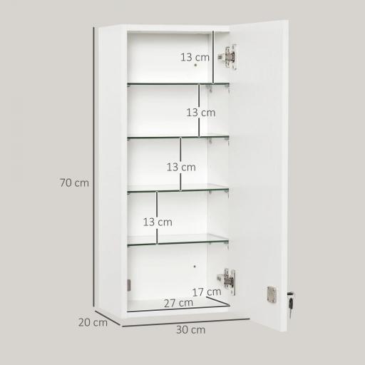 Botiquín de Pared de Primeros Auxilios 5 Niveles con Estantes Ajustables de Vidrio Cerradura Llaves 30x20x70 cm Blanco [1]