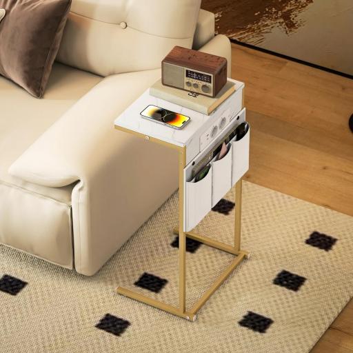 Mesa Auxiliar Estilo Marmolizado con Cargador USB y Espacio de Almacenaje 25,5x40x71 cm Blanco y Dorado [1]