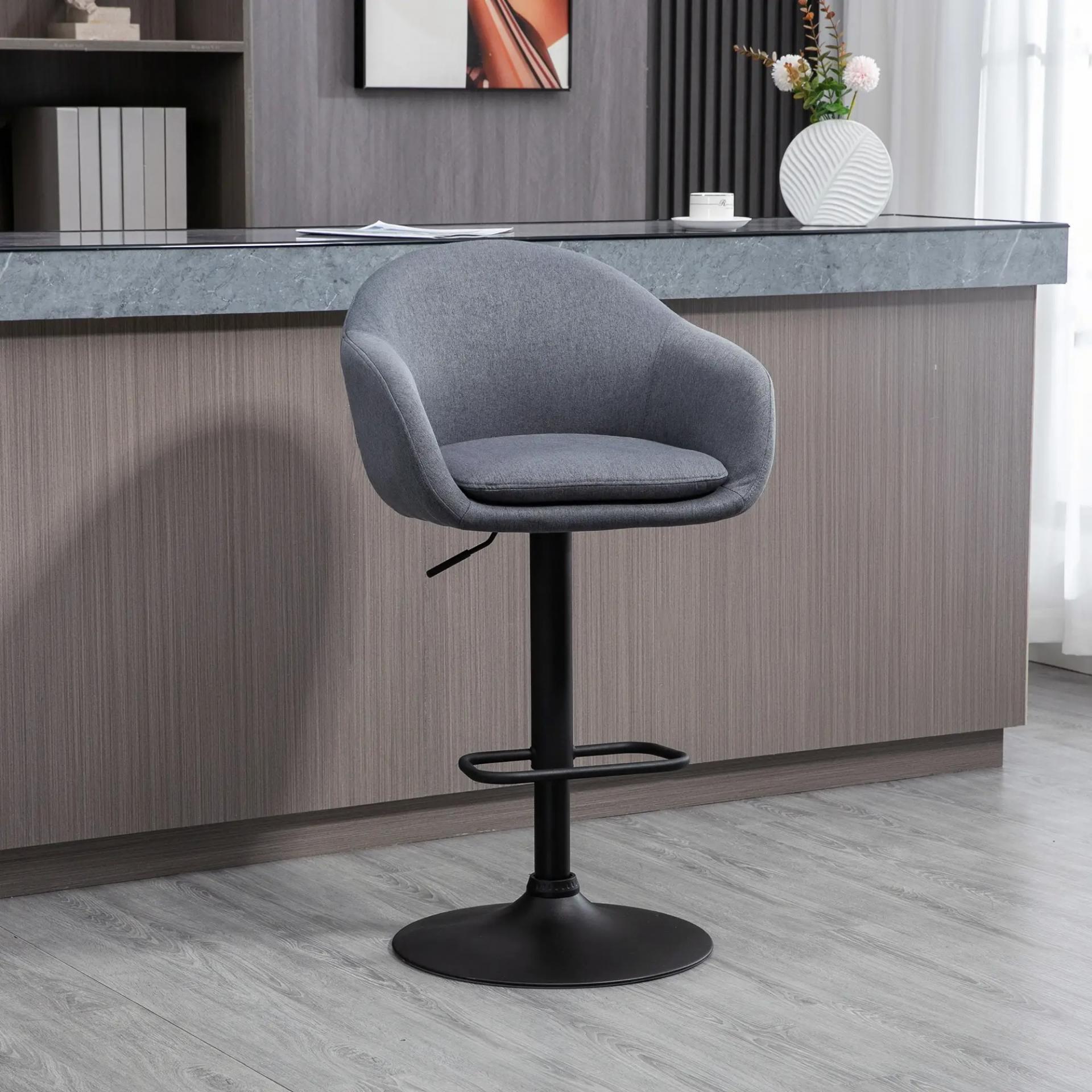 Taburete de Bar Regulable Tapizado de Tela con Reposapiés y Pata de Acero Carga 110 kg 54x54x92-112 cm Gris Oscuro