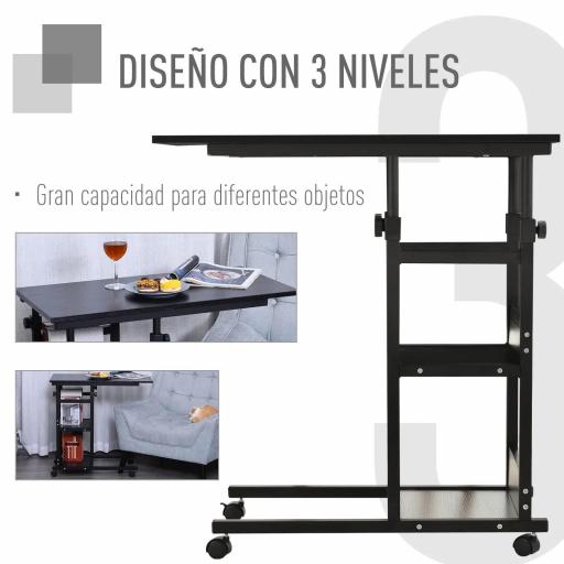 Mesa Auxiliar con Ruedas 80x40 cm Mesa para Sofá en Forma de C con Altura Ajustable 3 Niveles de 72-82 cm Marco de Metal para Salón Cocina Negro [3]